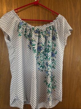 LC Lauren Conrad White Gingham Off-Shoulder Top with Blue & Green Floral